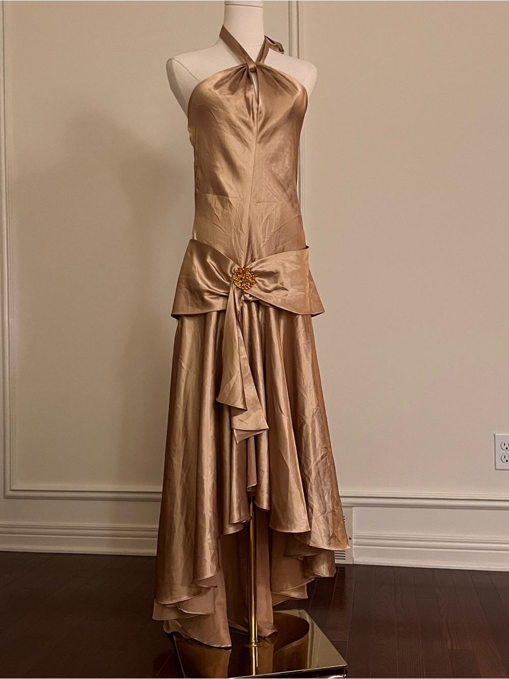 Vintage Gold Satin Halter Drop Waist Gown 90s Old Hollywood Formal Maxi Dress